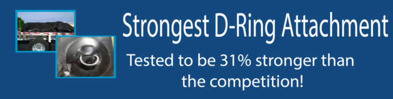 close up of d-ring attachment and tarp attached to flatbed truck using d-ring anchors